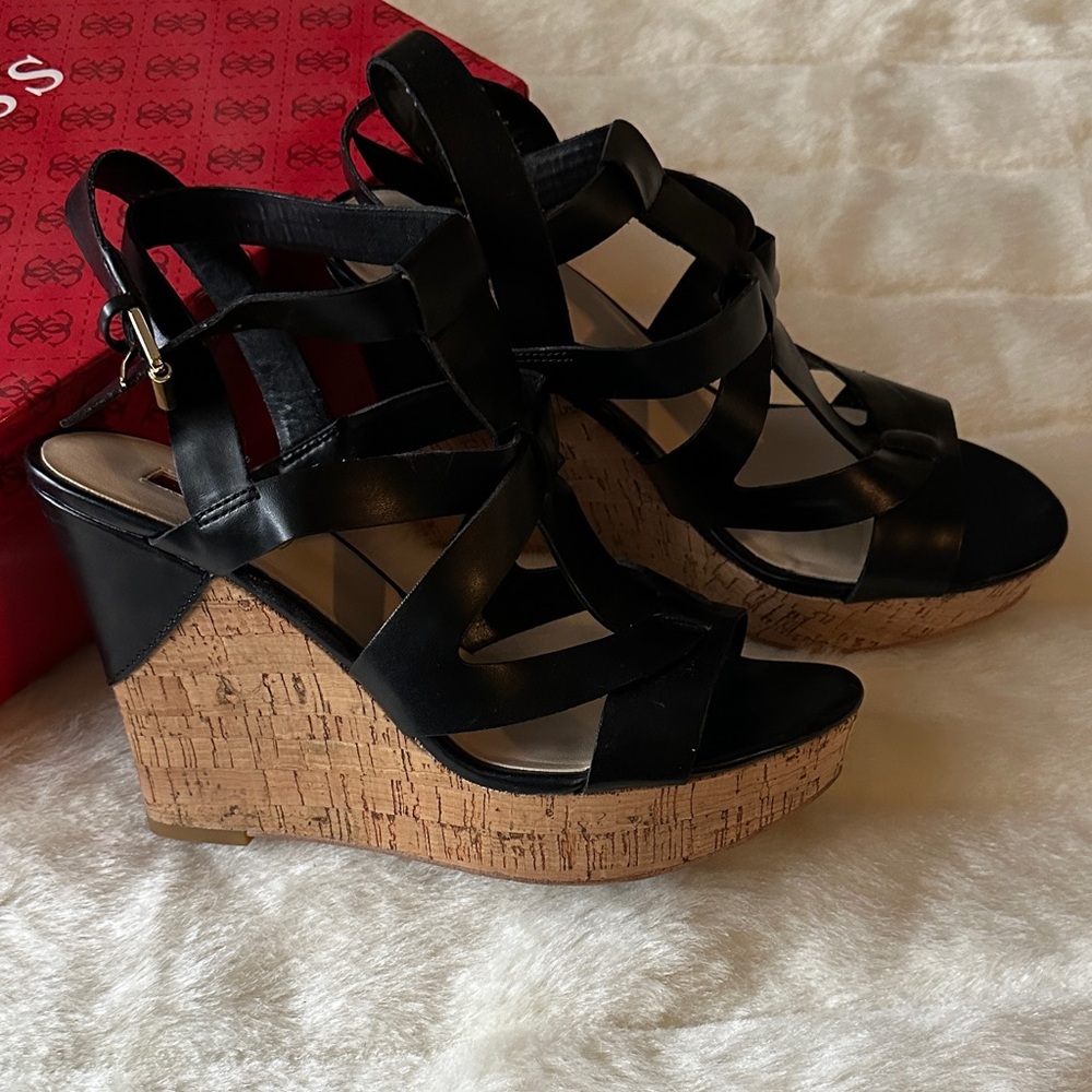 Guess Black and Tan Strappy Wedges